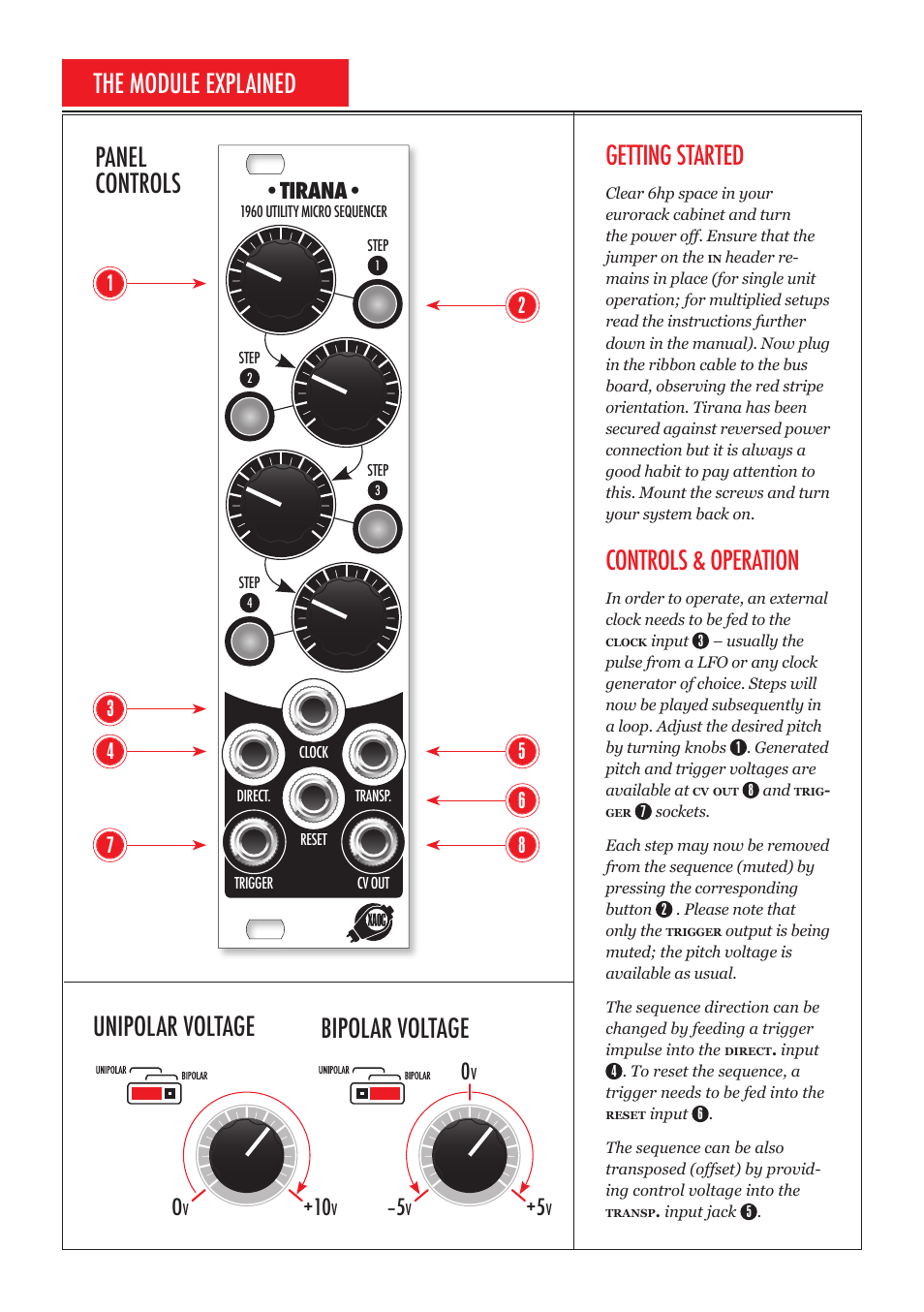 The module explained getting started, Controls & operation, Panel controls unipolar voltage bipolar voltage | Tirana | Xaoc Devices Tirana User Manual | Page 2 / 4