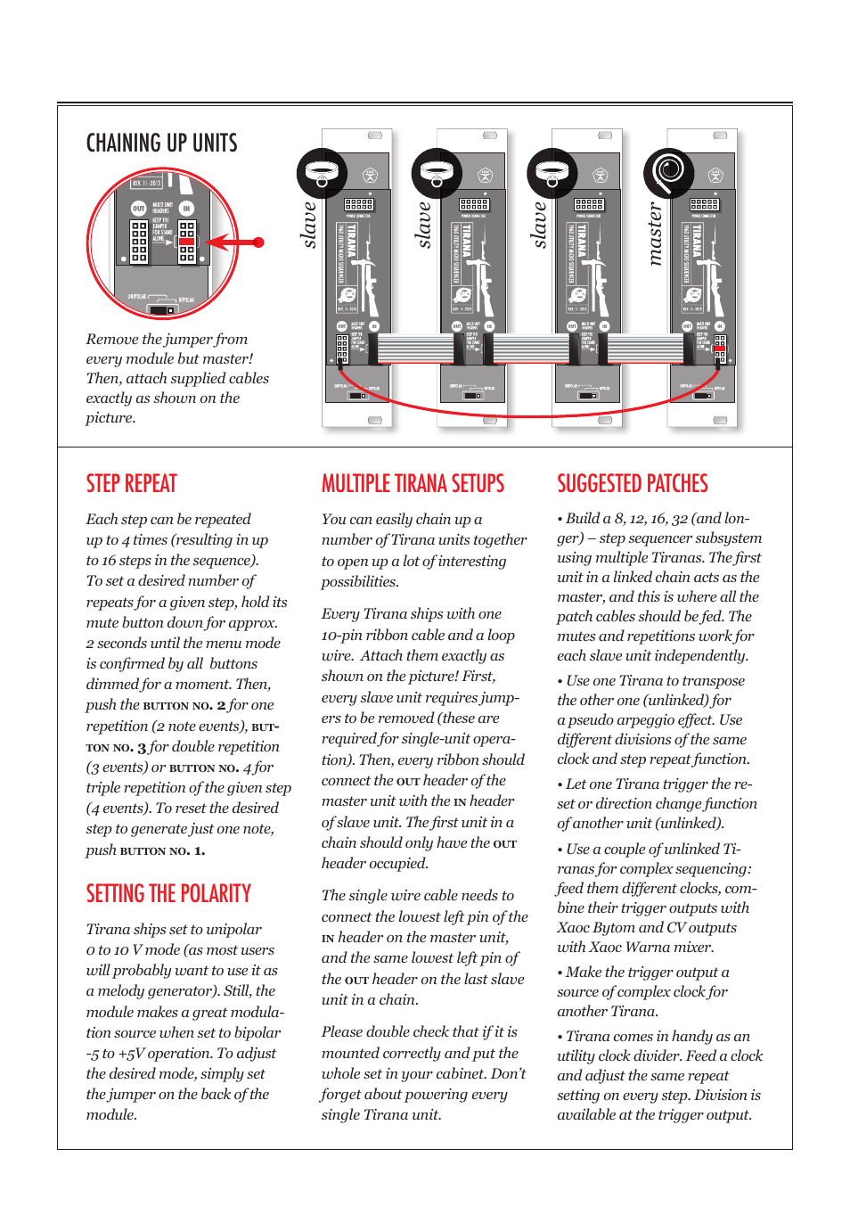 Chaining up units step repeat, Setting the polarity, Multiple tirana setups | Suggested patches, Master slave slave slave | Xaoc Devices Tirana User Manual | Page 3 / 4