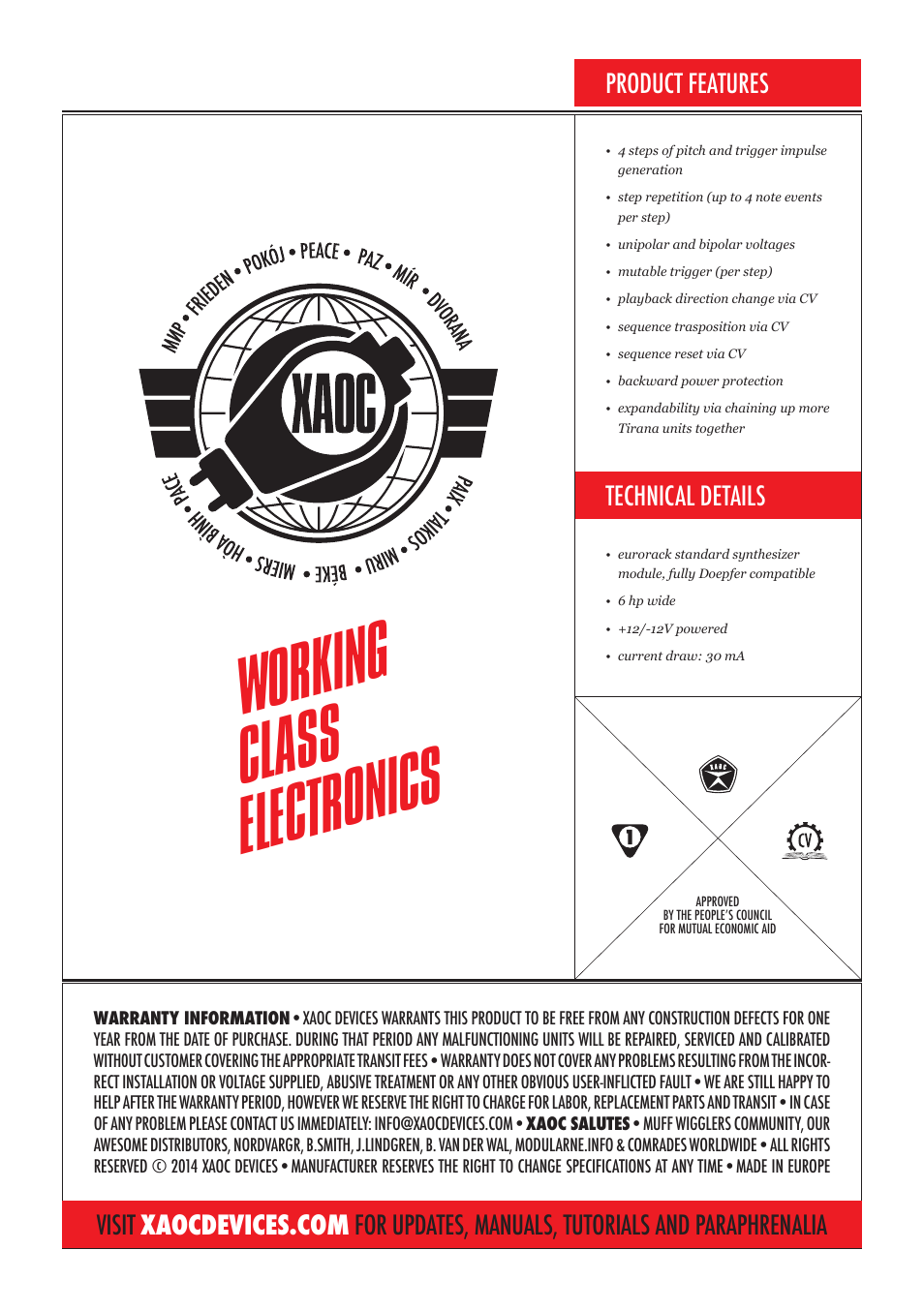 Working class electronics, Product features technical details | Xaoc Devices Tirana User Manual | Page 4 / 4