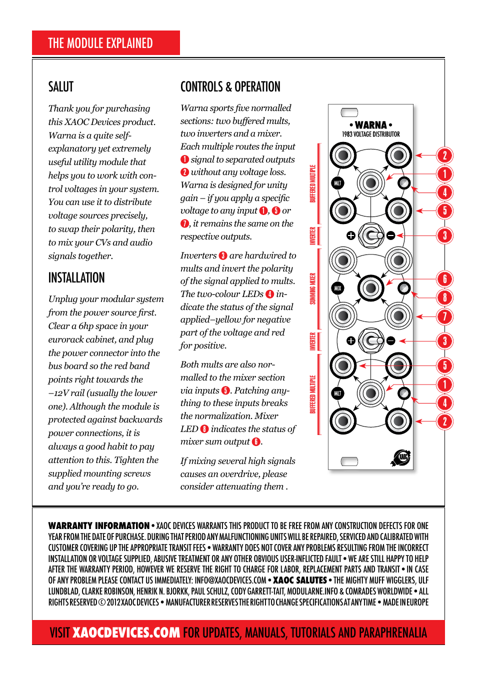 Installation, Controls & operation | Xaoc Devices Warna User Manual | Page 2 / 2