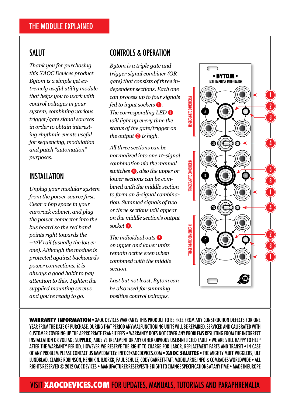Installation, Controls & operation | Xaoc Devices Bytom User Manual | Page 2 / 2