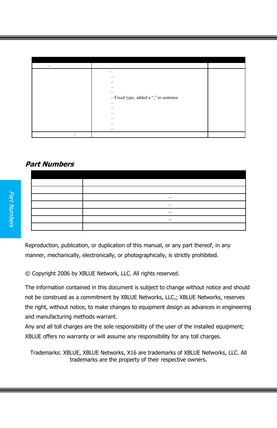 X16 installation guide - 2 - issue 2, Part numbers | Xblue Networks X16 User Manual | Page 2 / 72