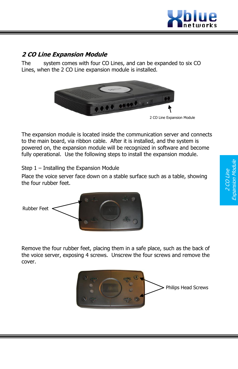2 co line expansion module, Step 1 – installing the expansion module, Issue 2 | Xblue Networks X16 User Manual | Page 21 / 72
