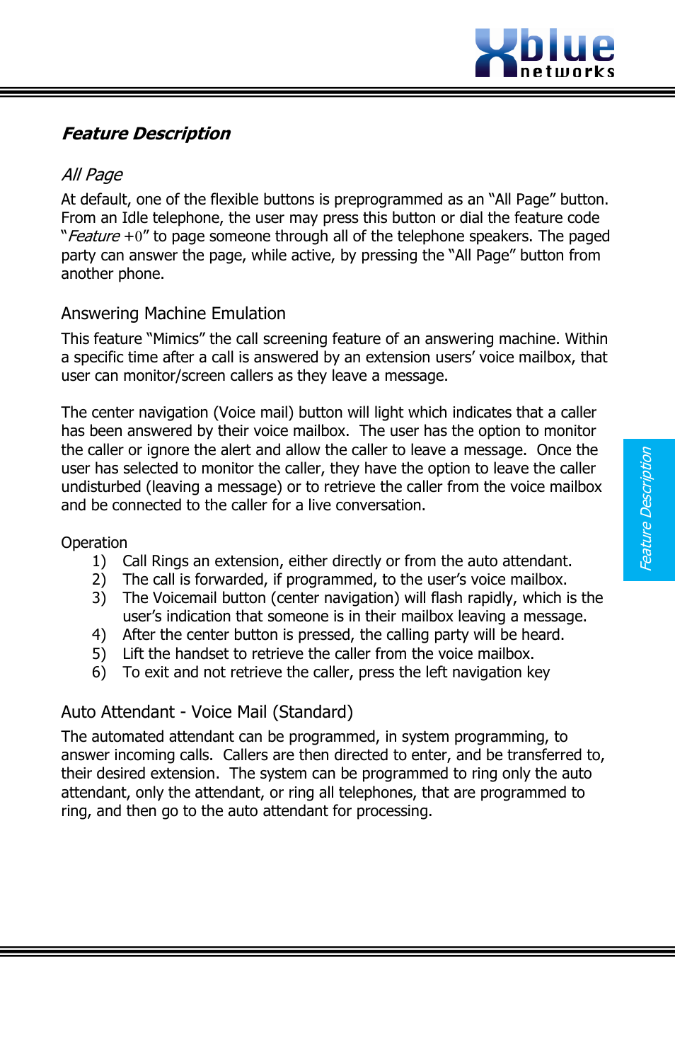 Feature description, Nswering, Achine | Mulation, Ttendant, Oice, Tandard, Issue 2 | Xblue Networks X16 User Manual | Page 23 / 72