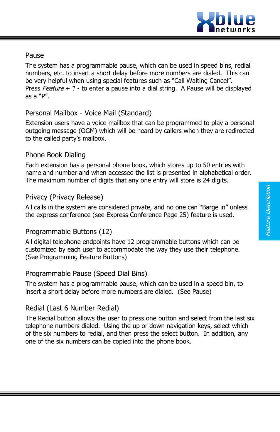 Ause, Ersonal, Ailbox | Oice, Tandard, Hone, Ialing, Rivacy, Elease, Rogrammable | Xblue Networks X16 User Manual | Page 33 / 72