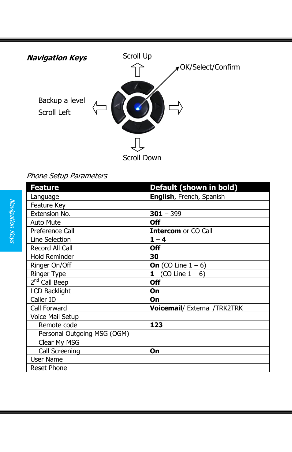 Navigation keys, Hone, Etup | Arameters | Xblue Networks X16 User Manual | Page 38 / 72