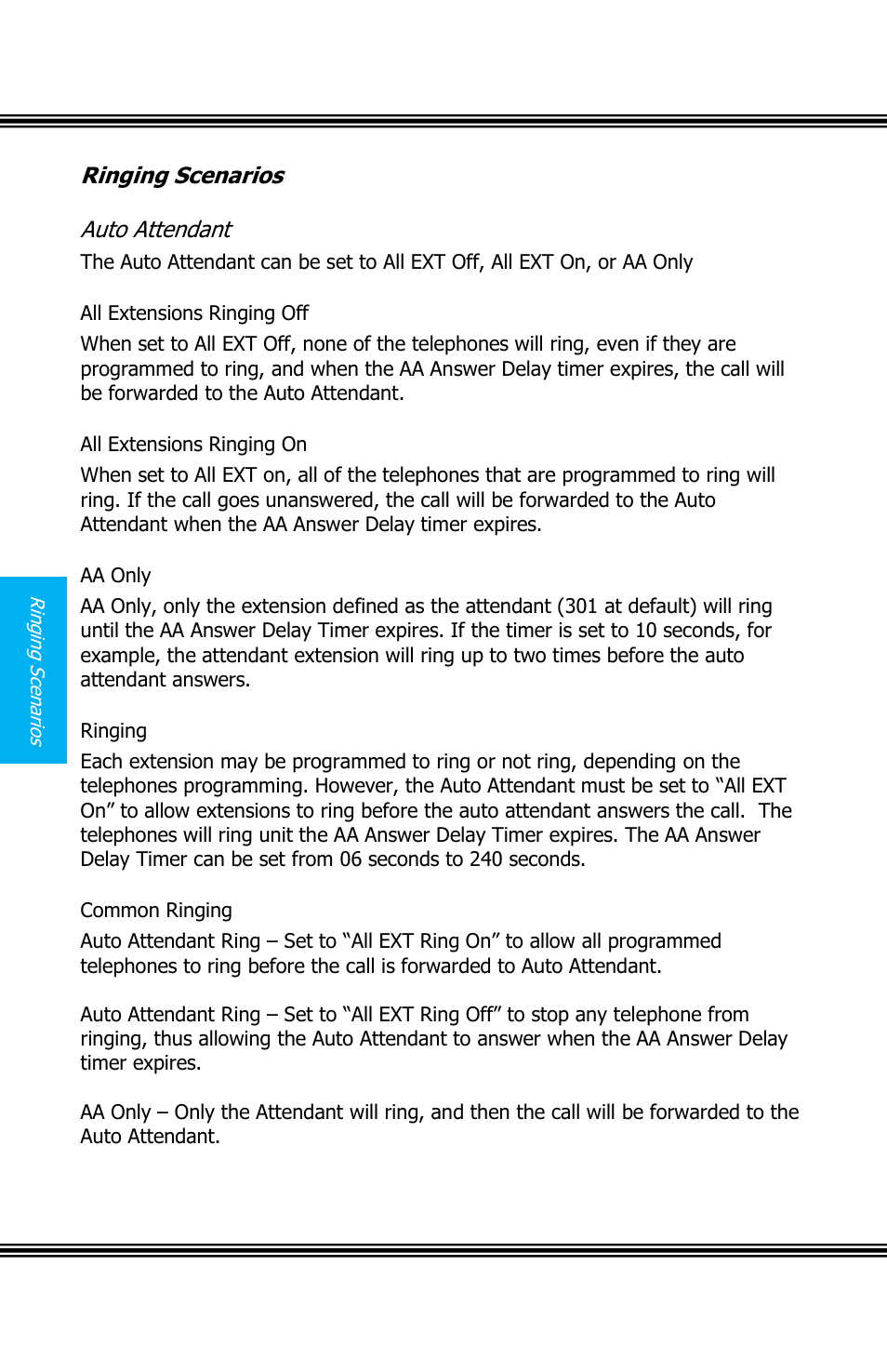 Ringing scenarios, Ttendant, All extensions ringing off | All extensions ringing on, Aa only, Ringing, Common ringing | Xblue Networks X16 User Manual | Page 56 / 72