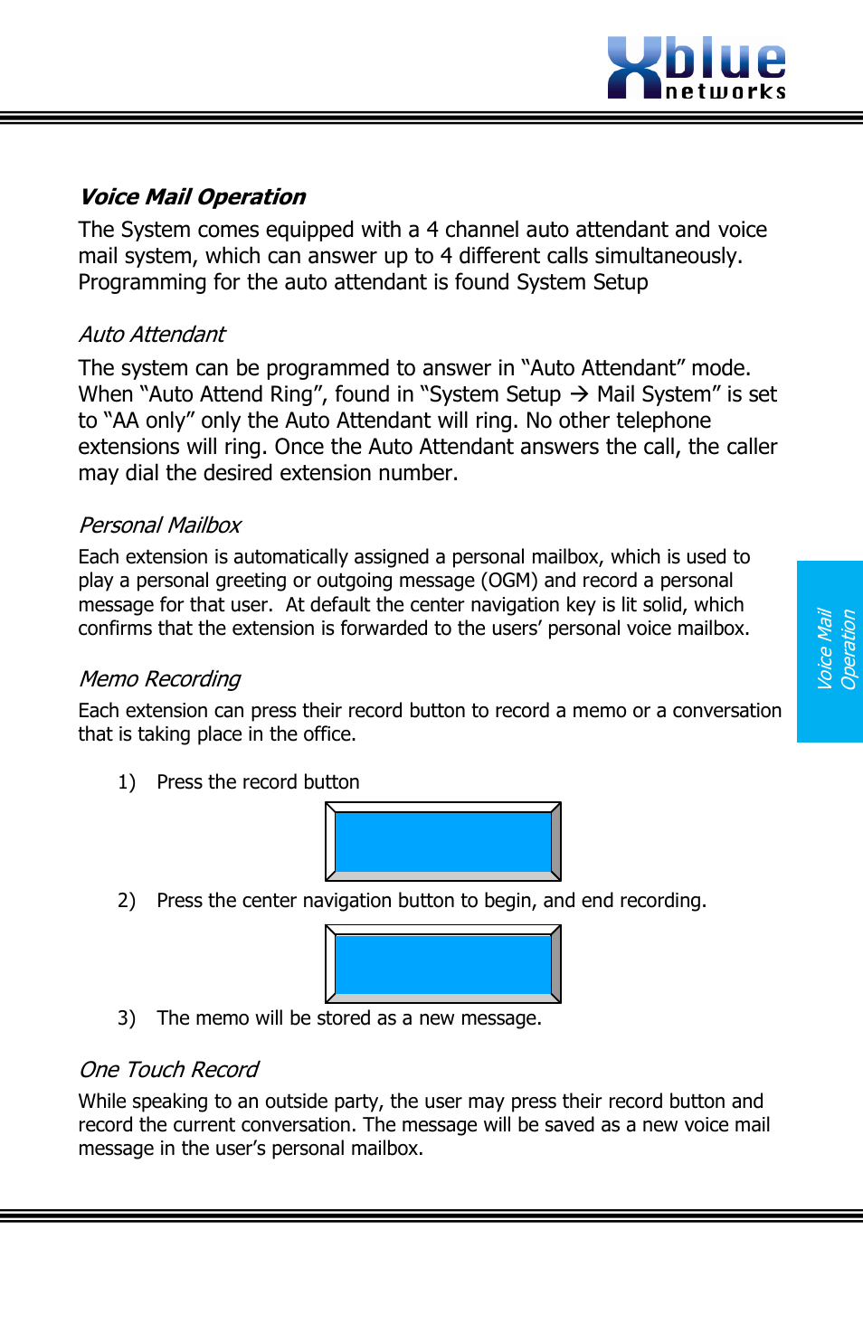 Voice mail operation, Ttendant, Ersonal | Ailbox, Ecording, Ouch, Ecord, Issue 2 | Xblue Networks X16 User Manual | Page 61 / 72