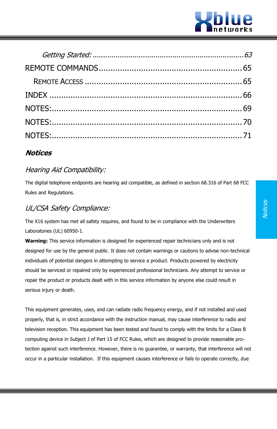 Notices, Earing, Ompatibility | Ul/csa, Afety, Ompliance, Issue 2, Remote commands r, Getting started, Notices hearing aid compatibility | Xblue Networks X16 User Manual | Page 7 / 72