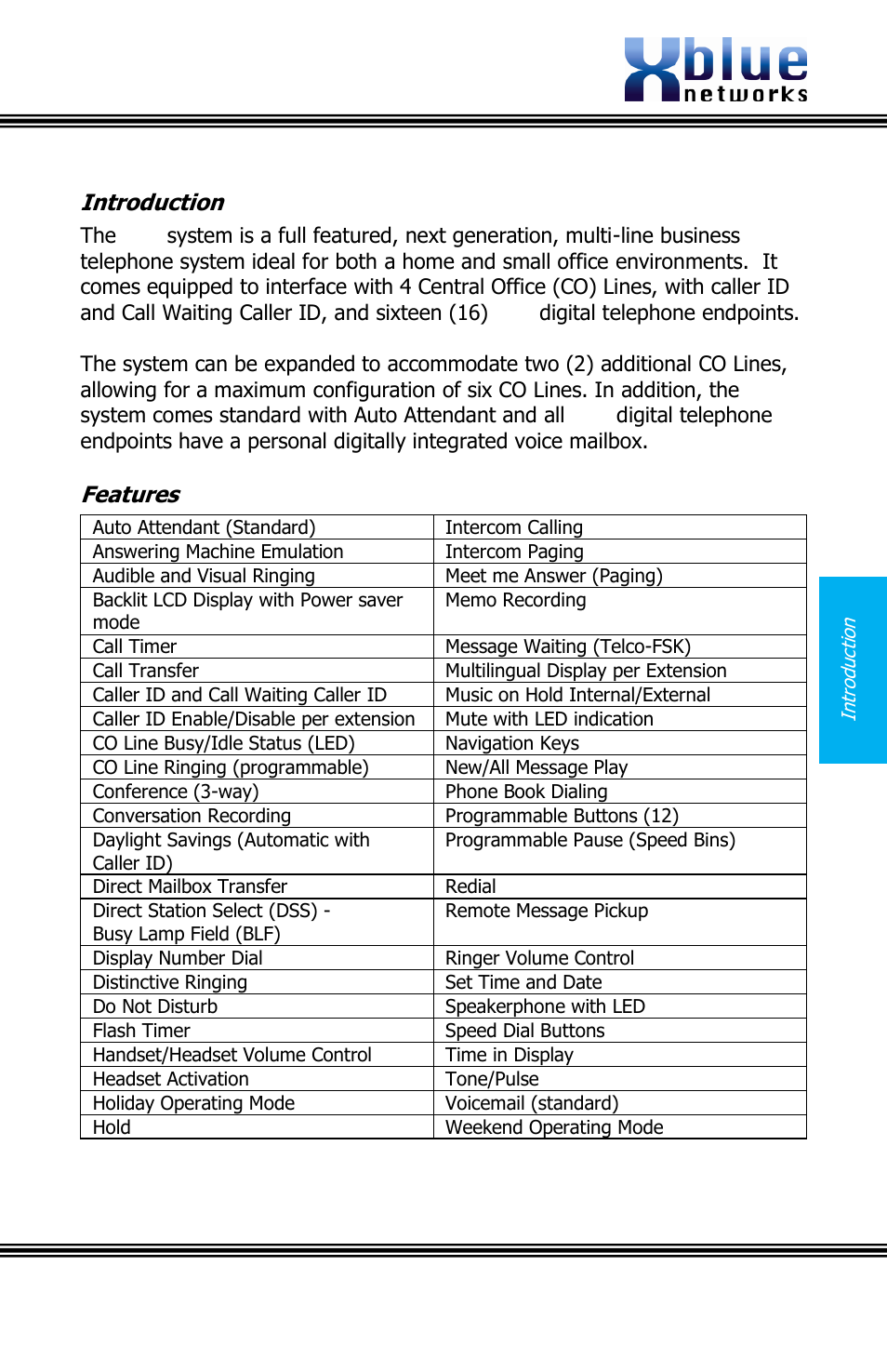 Introduction features, Issue 2, Introduction | Features | Xblue Networks X16 User Manual | Page 9 / 72