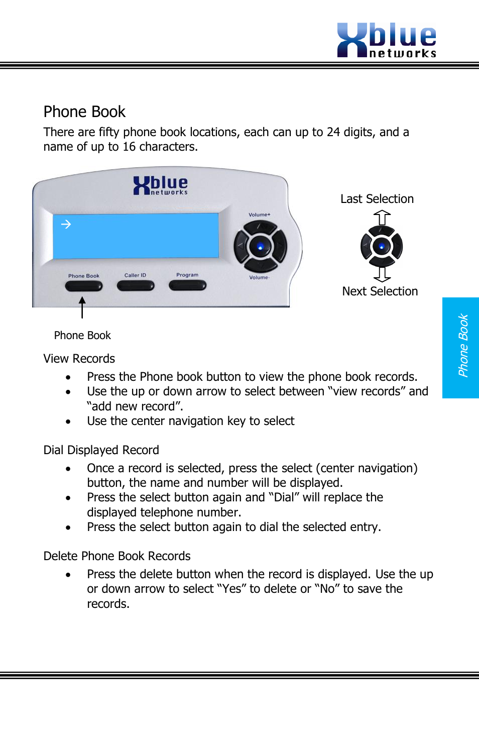 Phone book, View records, Dial displayed record | Delete phone book records | Xblue Networks X16 User Manual | Page 13 / 52