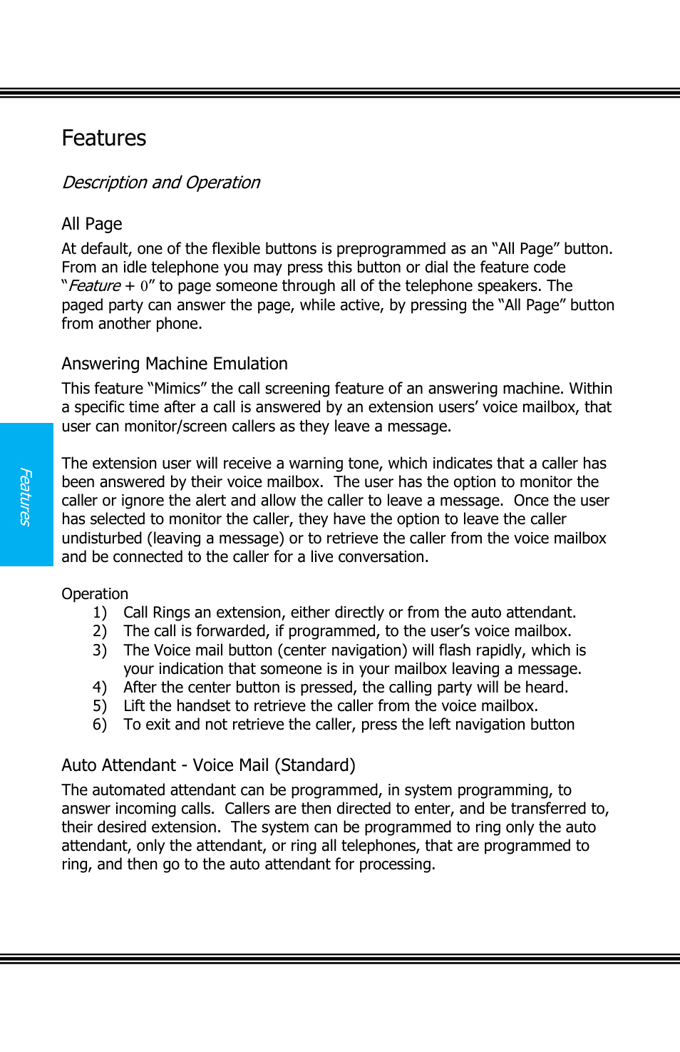 Features, Escription and, Peration | Nswering, Achine, Mulation, Ttendant, Oice, Tandard, X16 user guide | Xblue Networks X16 User Manual | Page 28 / 52