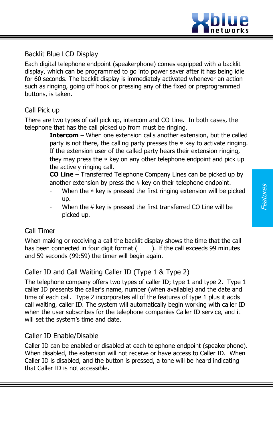 Acklit, Isplay, Ick up | Imer, Aller, Aiting, Nable, Isable | Xblue Networks X16 User Manual | Page 29 / 52