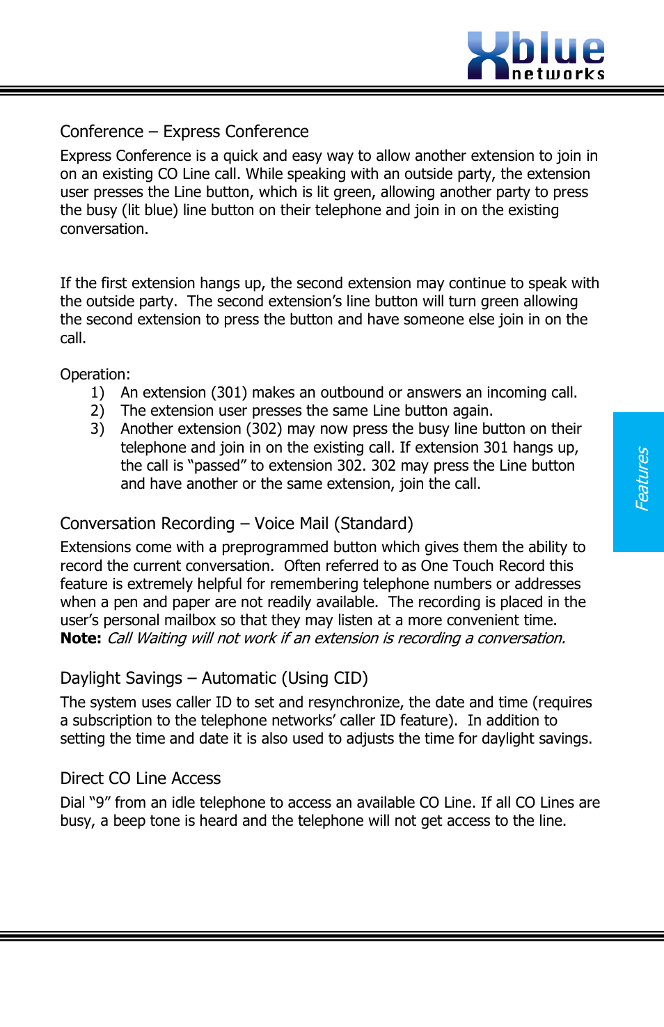 Onference, Xpress, Onversation | Ecording, Oice, Tandard, Aylight, Avings, Utomatic, Sing | Xblue Networks X16 User Manual | Page 31 / 52