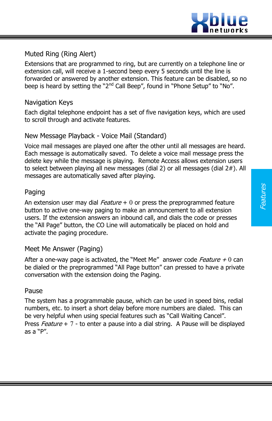 Uted, Lert, Avigation | Essage, Layback, Oice, Tandard, Aging, Nswer, Ause | Xblue Networks X16 User Manual | Page 37 / 52