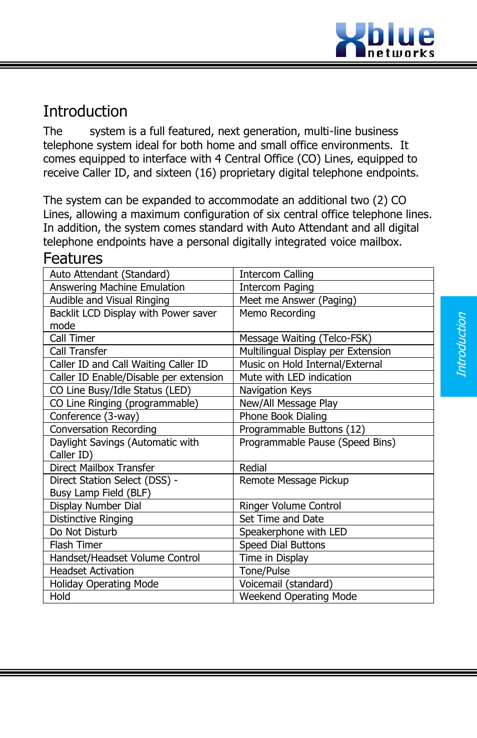 Introduction, Features | Xblue Networks X16 User Manual | Page 7 / 52