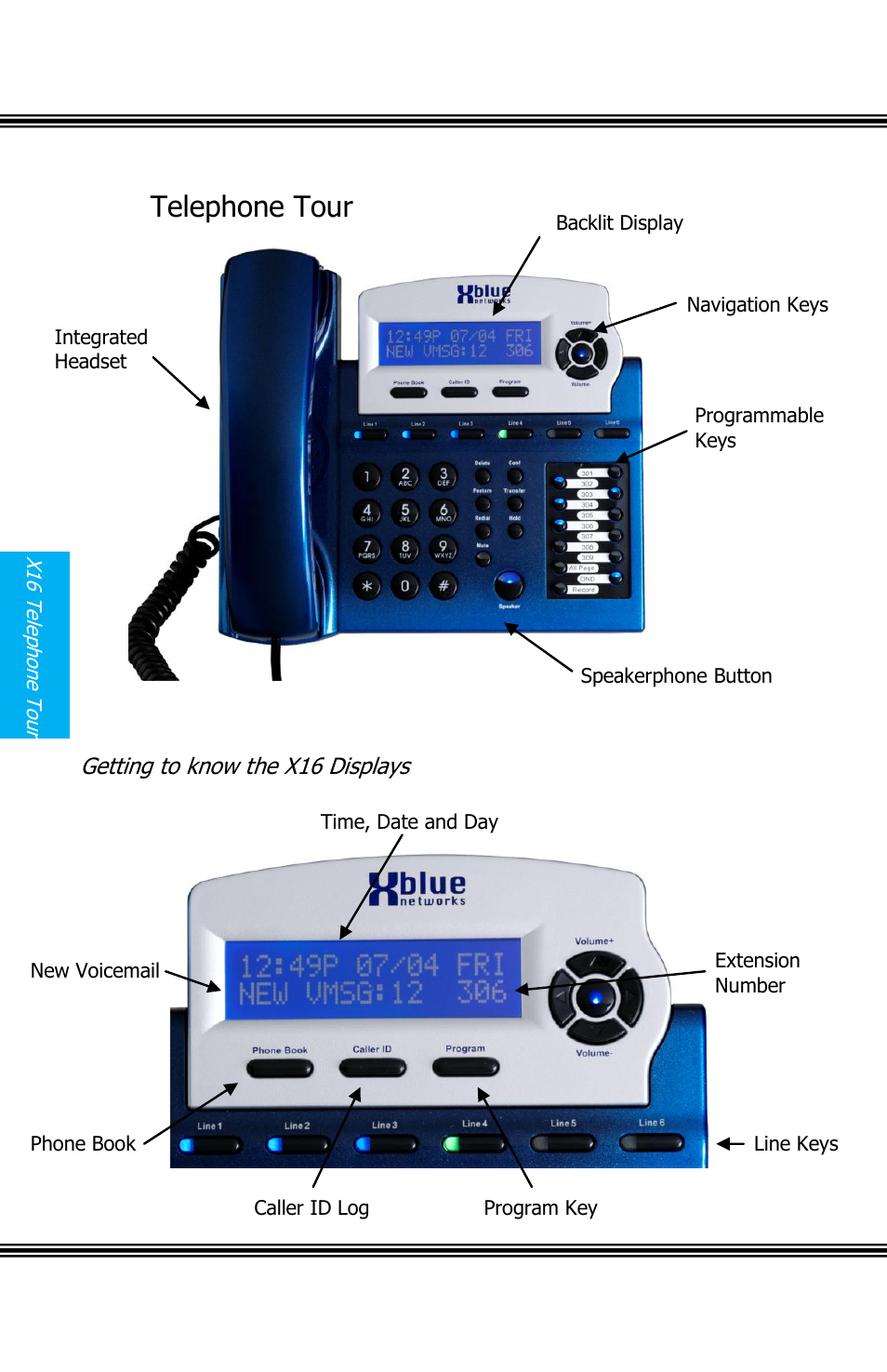 Etting to know the, Elephone, Isplays | X16 telephone tour, X16 user guide | Xblue Networks X16 User Manual | Page 8 / 52