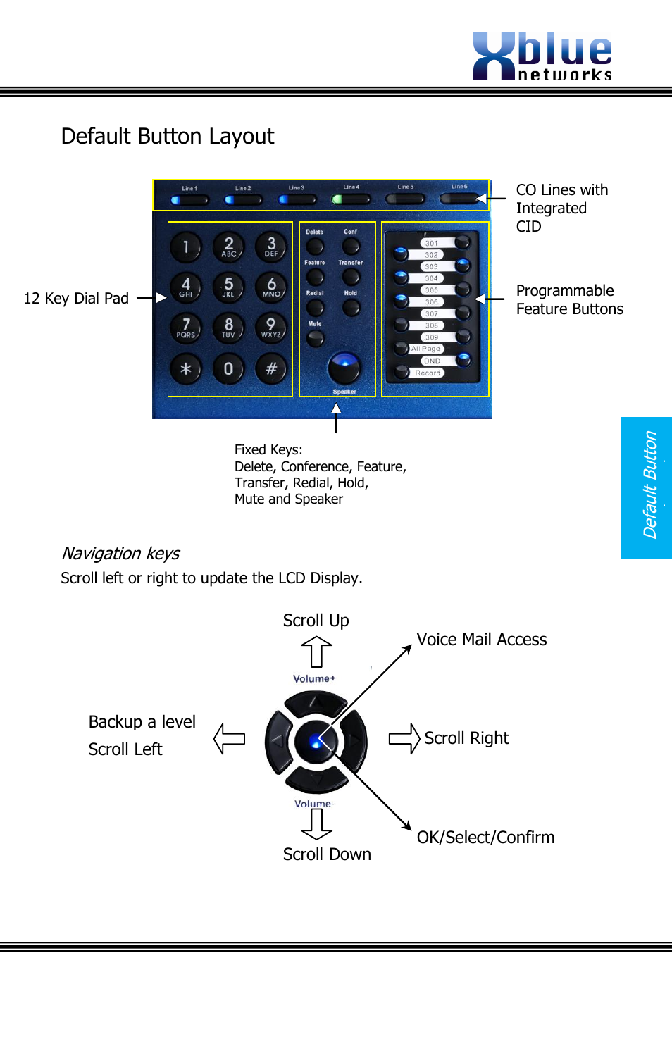 Default button layout, Avigation keys | Xblue Networks X16 User Manual | Page 9 / 52