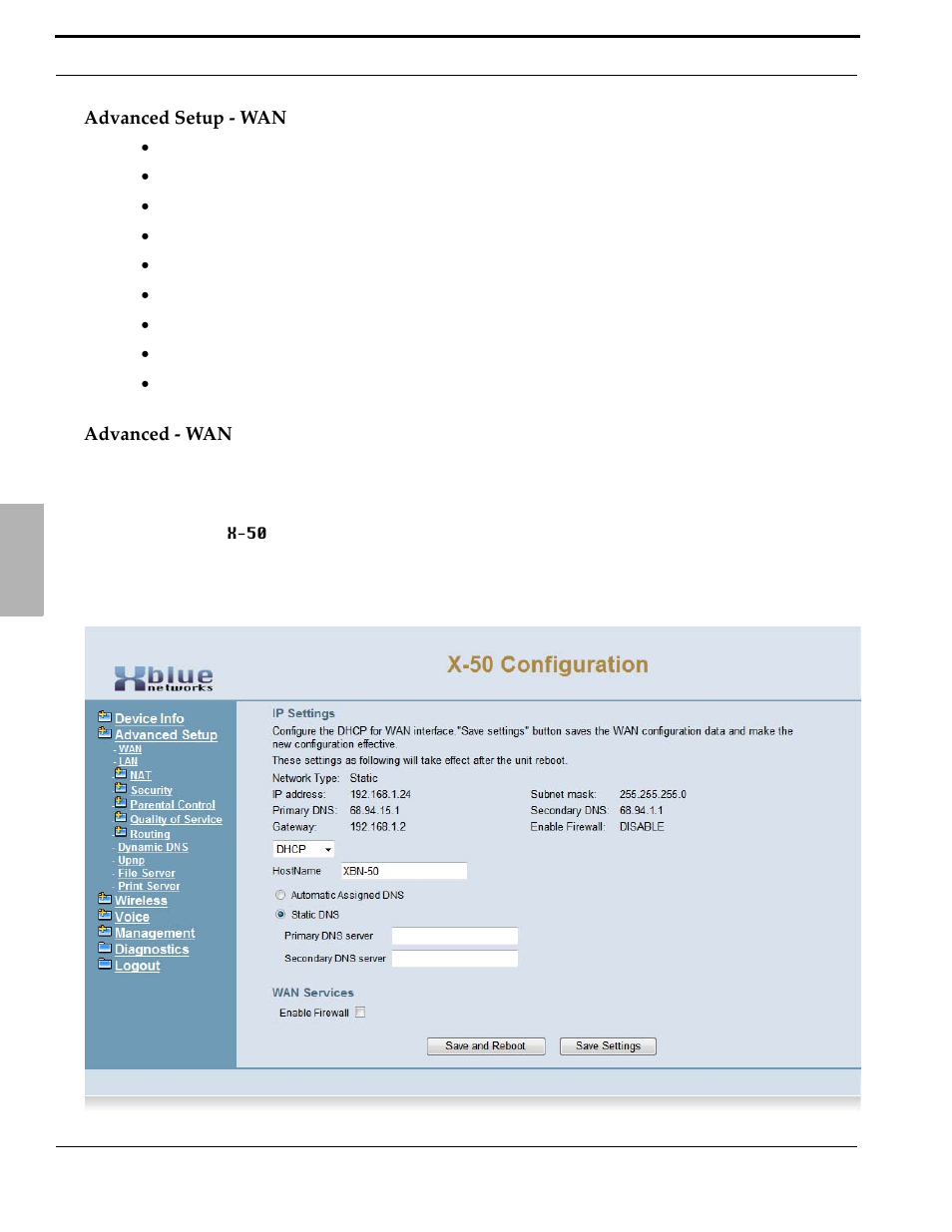 Advanced setup - wan, Advanced - wan, Advanced setup - wan advanced - wan | Xblue Networks X-50 User Manual | Page 110 / 260