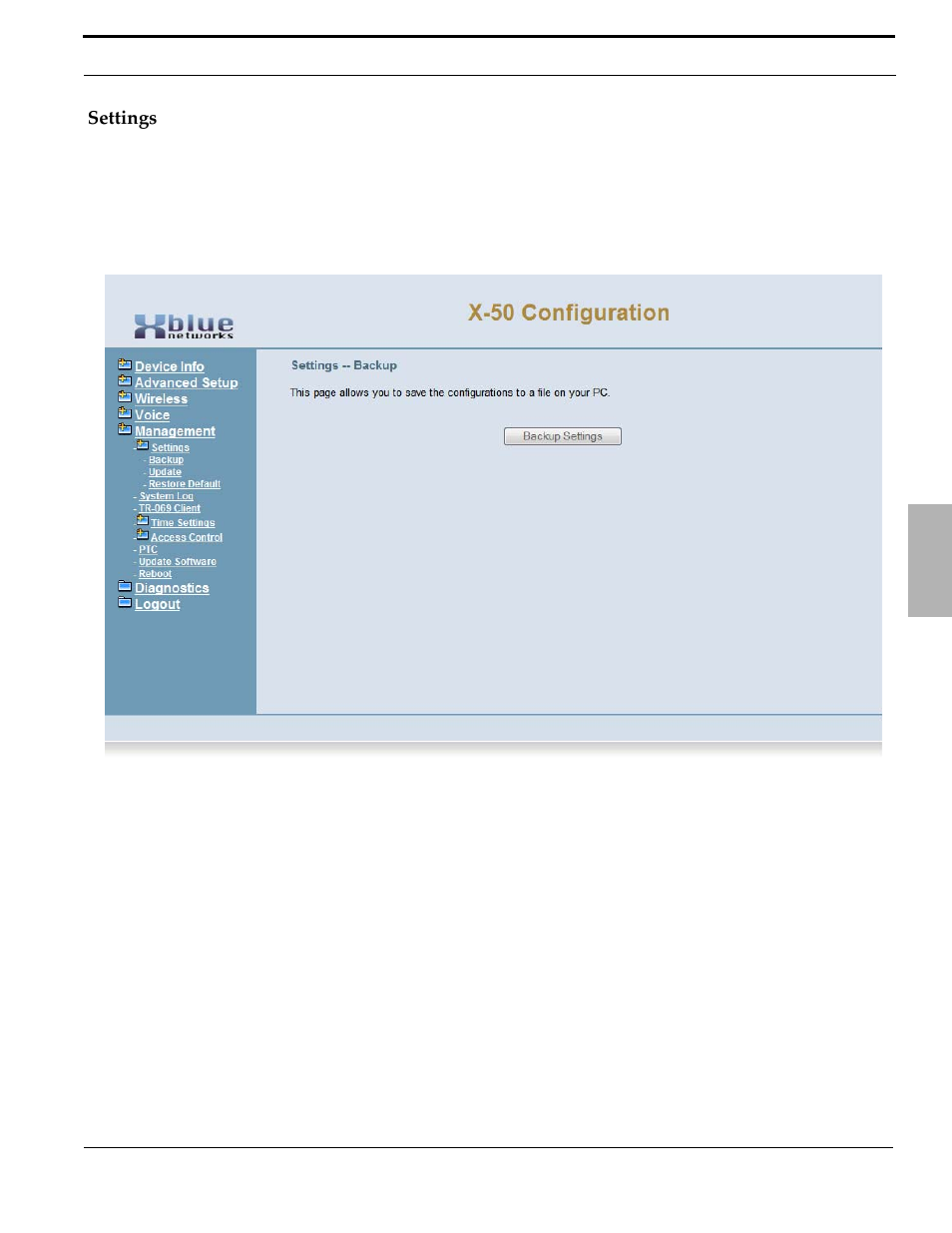 Settings | Xblue Networks X-50 User Manual | Page 219 / 260