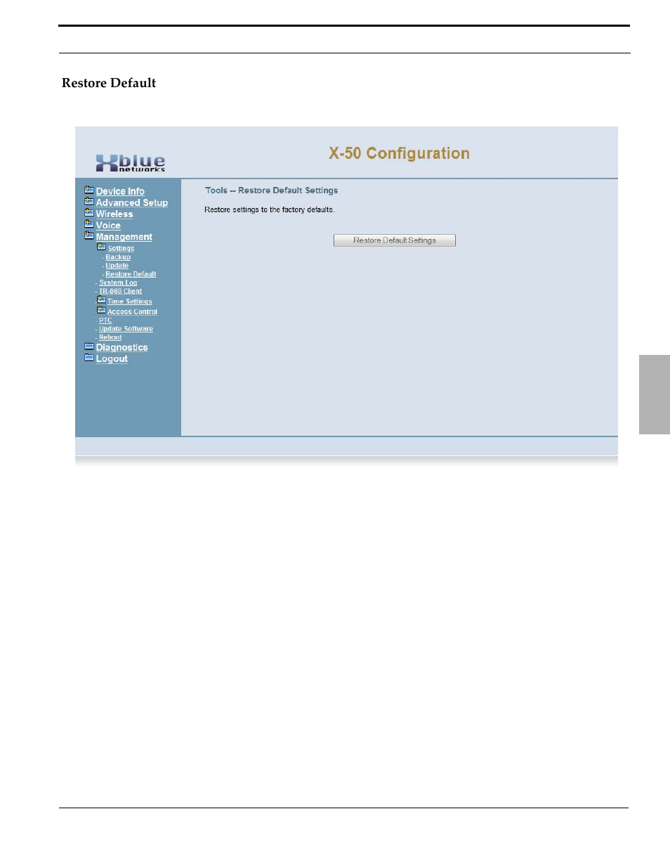 Restore default | Xblue Networks X-50 User Manual | Page 221 / 260
