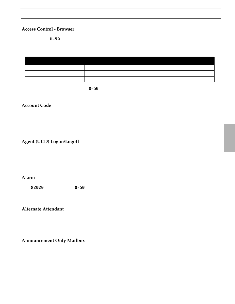 Access control - browser, Table 3.2 password levels, Account code | Agent (ucd) logon/logoff, Alarm, Alternate attendant, Announcement only mailbox | Xblue Networks X-50 User Manual | Page 31 / 260