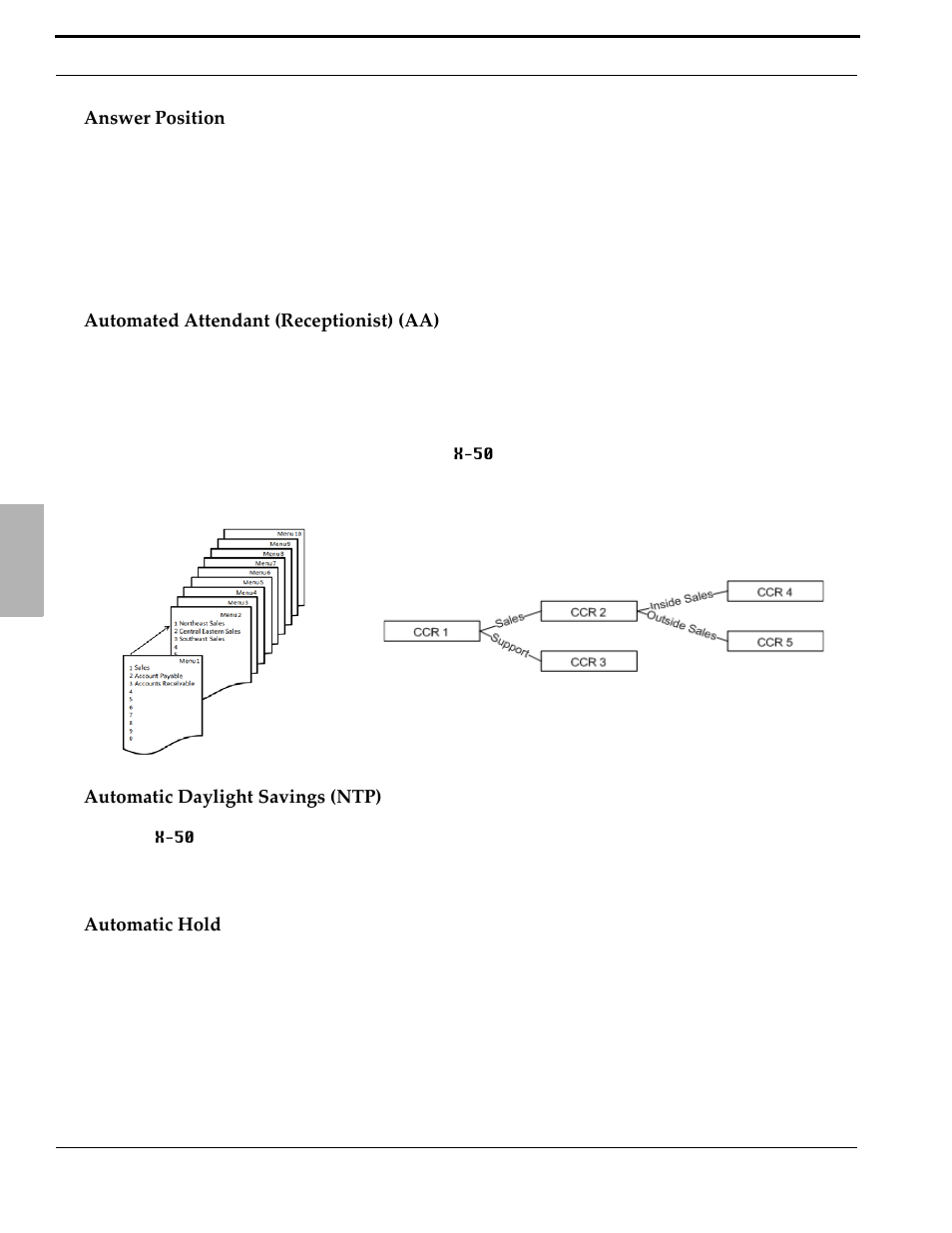 Answer position, Automated attendant (receptionist) (aa), Automatic daylight savings (ntp) | Automatic hold | Xblue Networks X-50 User Manual | Page 32 / 260