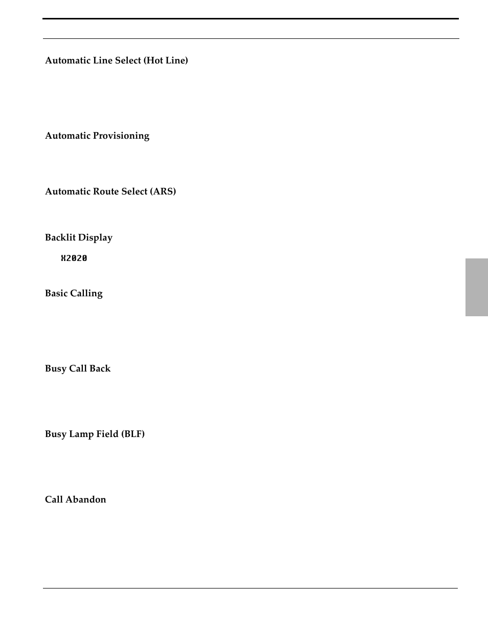 Automatic line select (hot line), Automatic provisioning, Automatic route select (ars) | Backlit display, Basic calling, Busy call back, Busy lamp field (blf), Call abandon | Xblue Networks X-50 User Manual | Page 33 / 260
