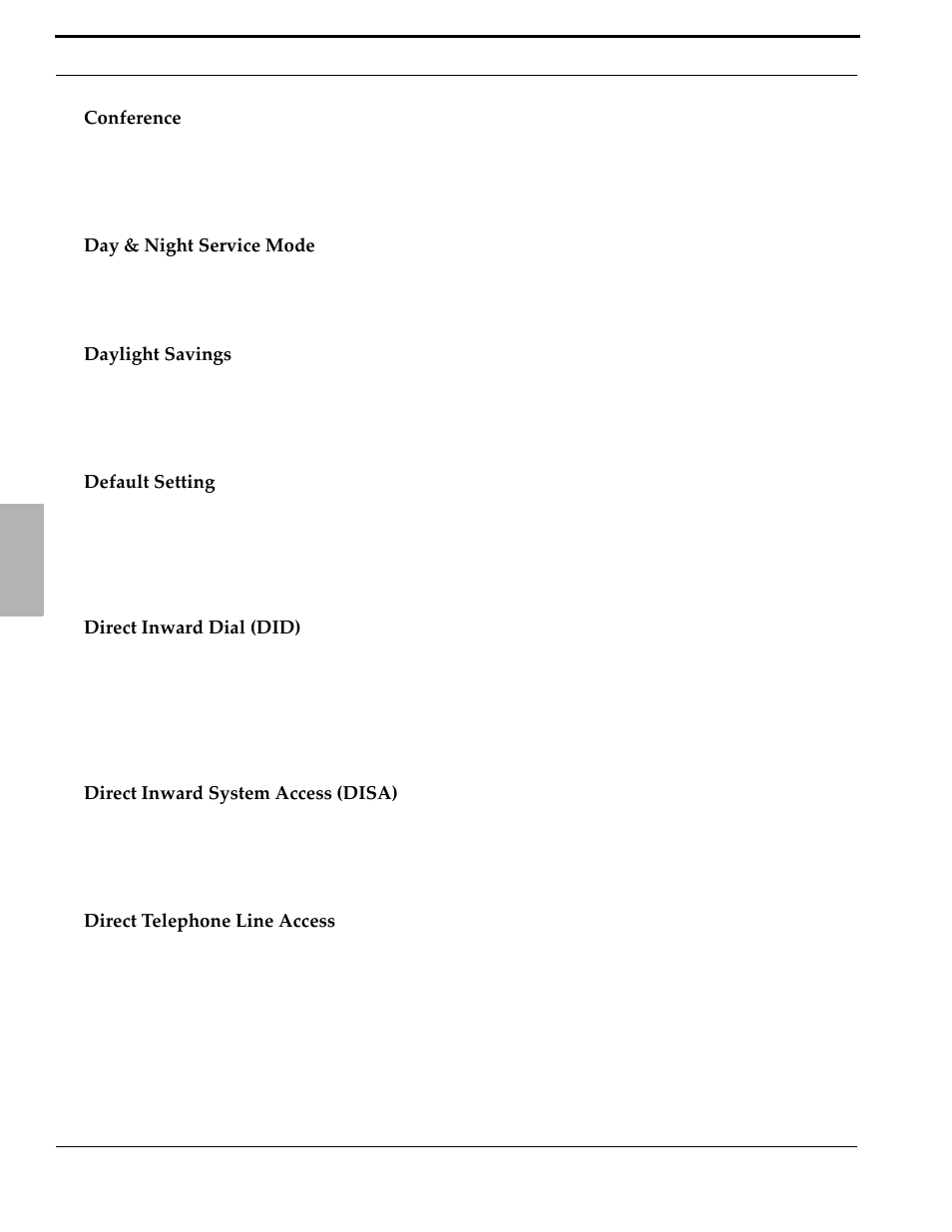 Conference, Day & night service mode, Daylight savings | Default setting, Direct inward dial (did), Direct inward system access (disa), Direct telephone line access | Xblue Networks X-50 User Manual | Page 36 / 260