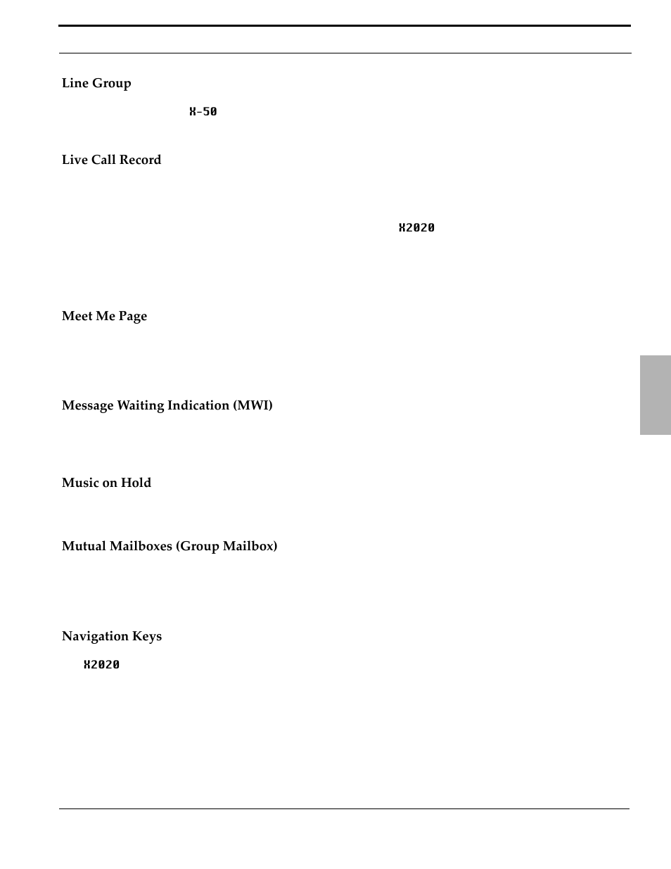 Line group, Live call record, Message waiting indication (mwi) | Music on hold, Mutual mailboxes (group mailbox), Navigation keys | Xblue Networks X-50 User Manual | Page 39 / 260