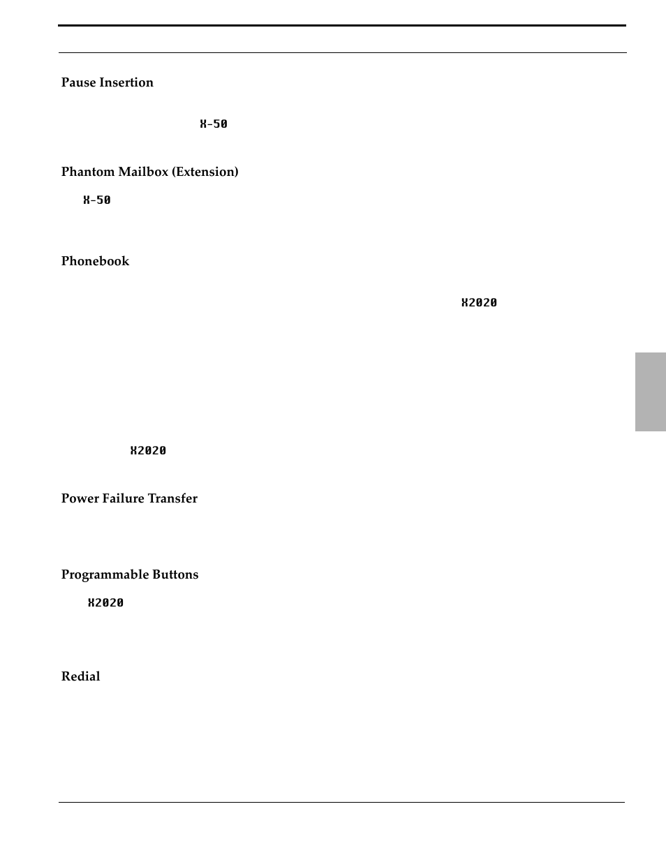 Pause insertion, Phantom mailbox (extension), Phonebook | Power failure transfer, Programmable buttons, Redial | Xblue Networks X-50 User Manual | Page 41 / 260