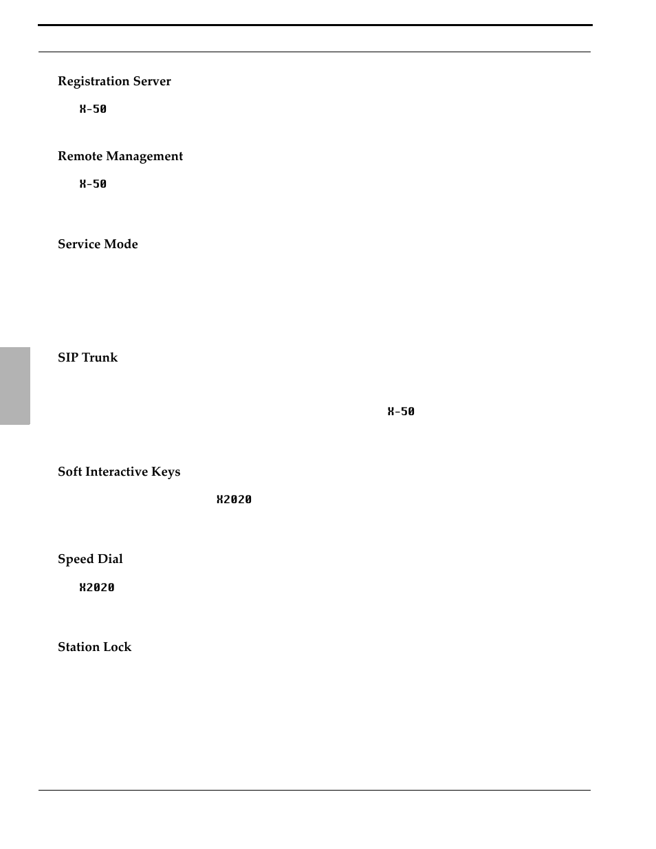 Registration server, Remote management, Service mode | Sip trunk, Soft interactive keys, Speed dial, Station lock | Xblue Networks X-50 User Manual | Page 42 / 260