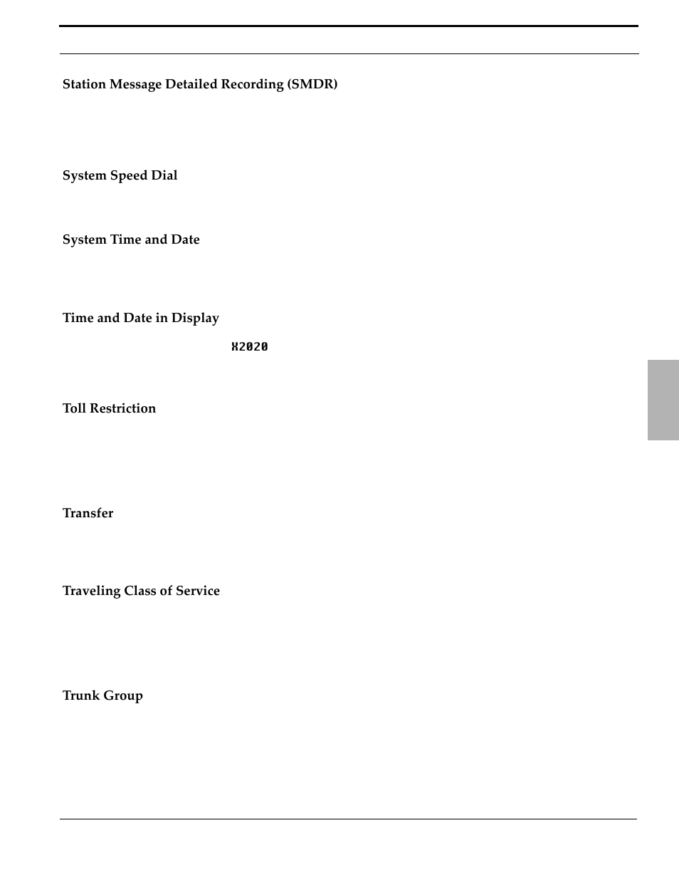 Station message detailed recording (smdr), System speed dial, System time and date | Time and date in display, Toll restriction, Transfer, Traveling class of service, Trunk group, Traveling class of service trunk group | Xblue Networks X-50 User Manual | Page 43 / 260