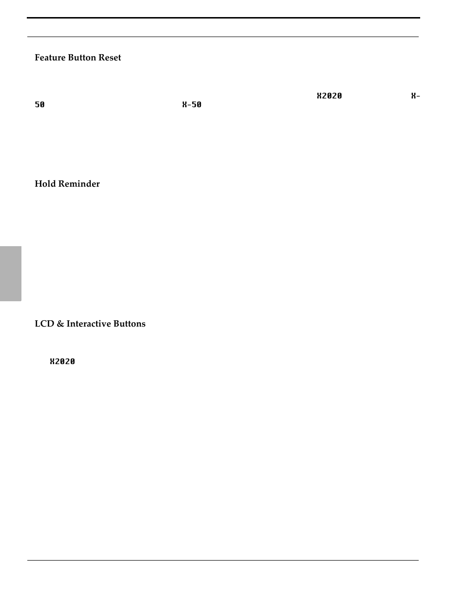 Feature button reset, Hold reminder, Lcd & interactive buttons | Xblue Networks X-50 User Manual | Page 66 / 260