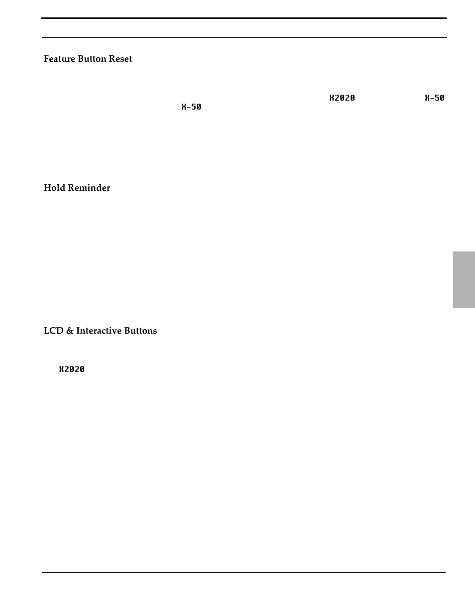 Feature button reset, Hold reminder, Lcd & interactive buttons | Xblue Networks X-50 User Manual | Page 53 / 106