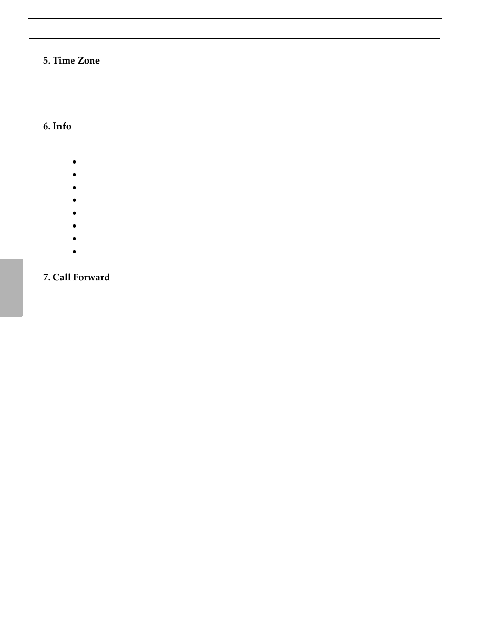 Time zone, Info, Call forward | Time zone 6. info 7. call forward | Xblue Networks X-50 User Manual | Page 66 / 106
