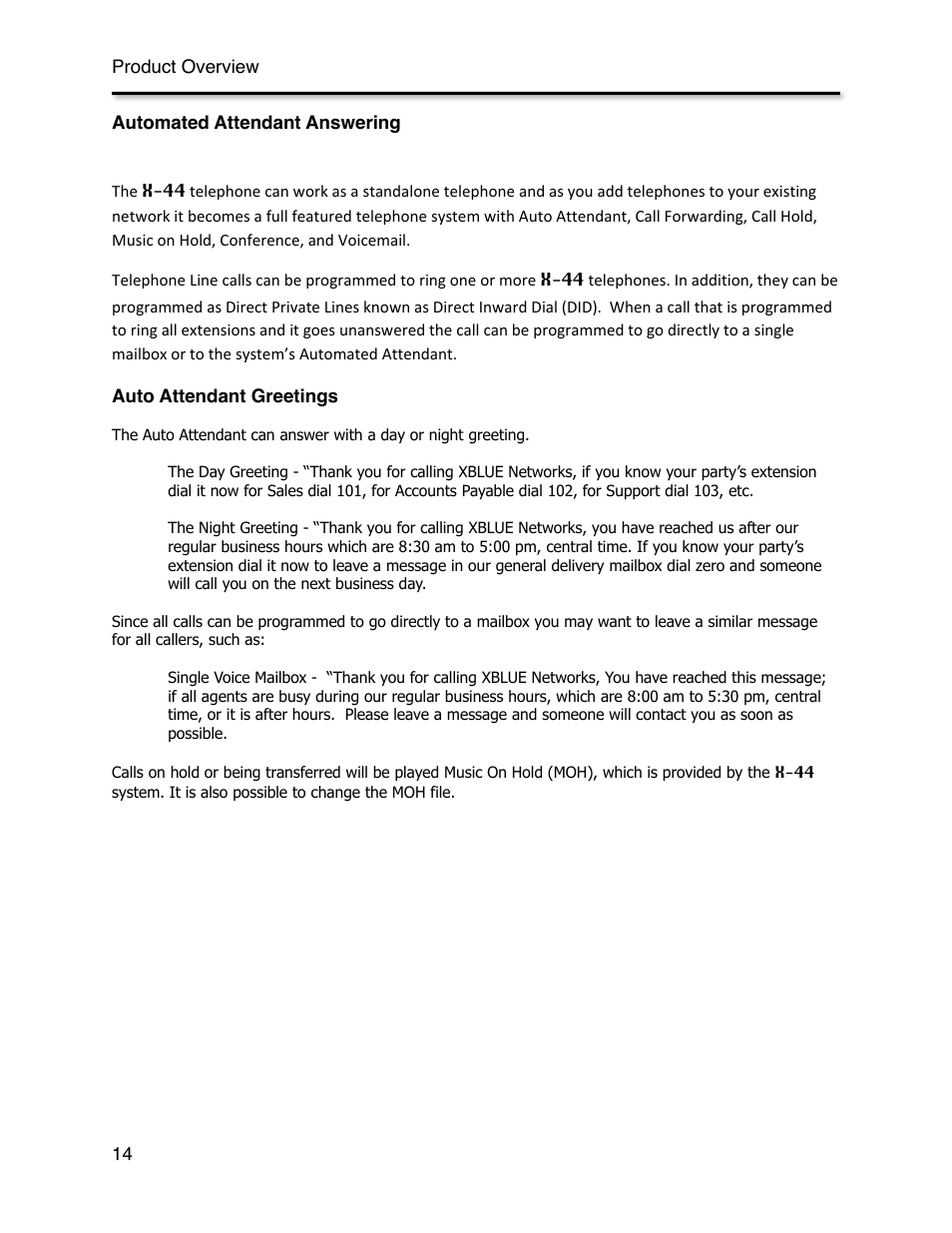Automated attendant, Automated attendant answering, Auto attendant greetings | Xblue Networks X-44 User Manual | Page 14 / 98
