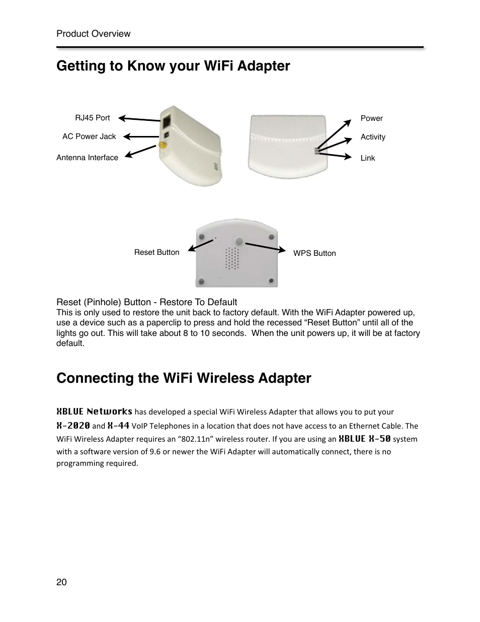 Getting to know your wifi adapter, Connecting the wifi wireless adapter | Xblue Networks X-44 User Manual | Page 20 / 98