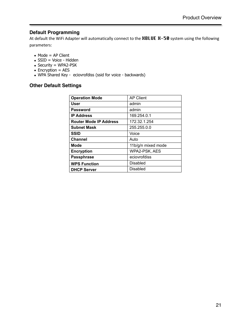 Default programming, Other default settings | Xblue Networks X-44 User Manual | Page 21 / 98