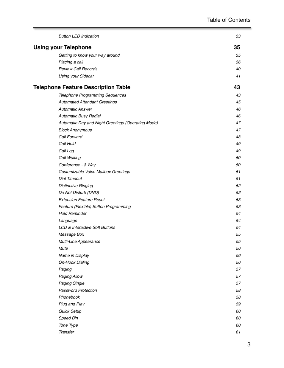 Using your telephone! 35, Telephone feature description table! 43, Table of contents 3 | Xblue Networks X-44 User Manual | Page 3 / 98