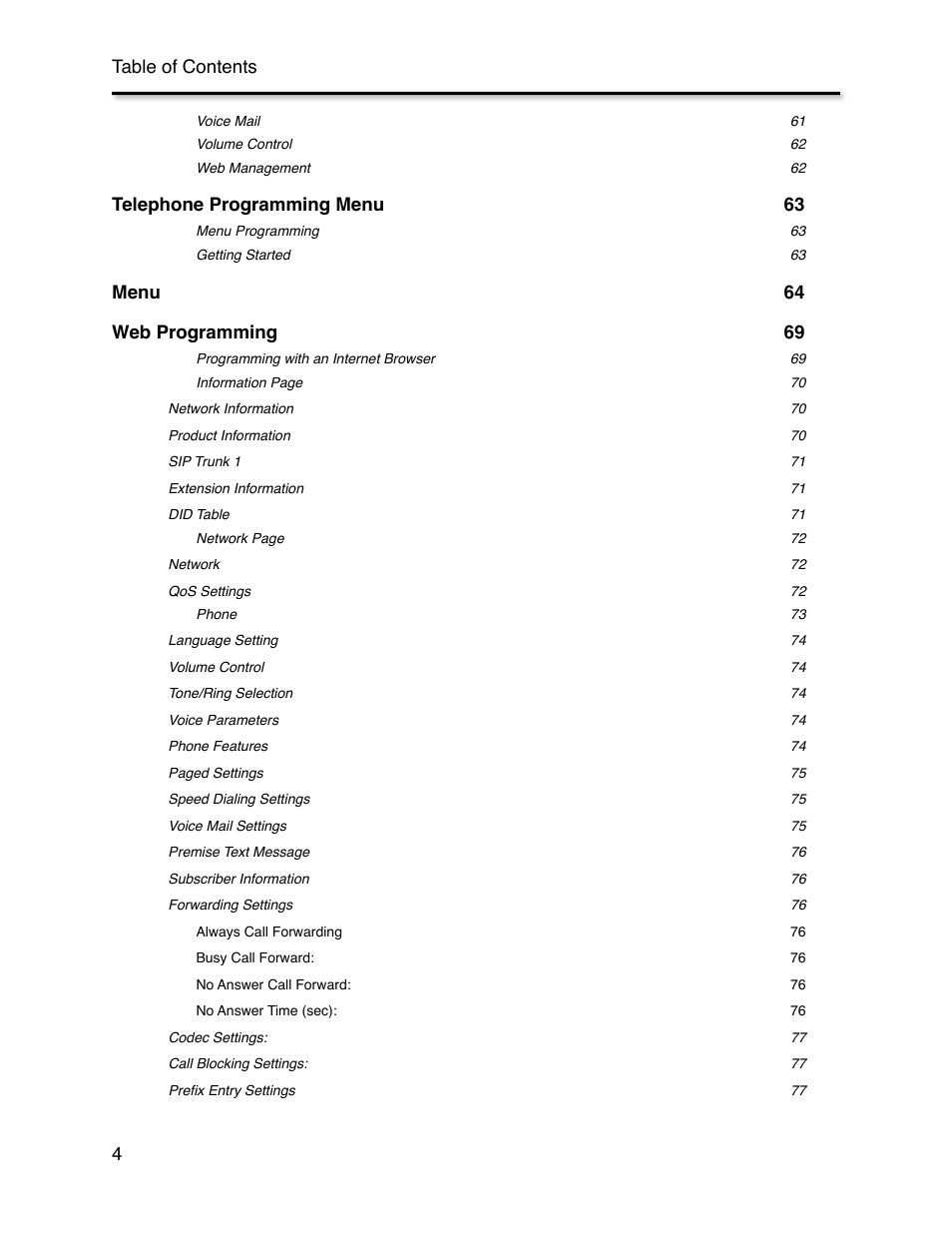 Telephone programming menu! 63, Menu! 64 web programming! 69, Table of contents 4 | Xblue Networks X-44 User Manual | Page 4 / 98