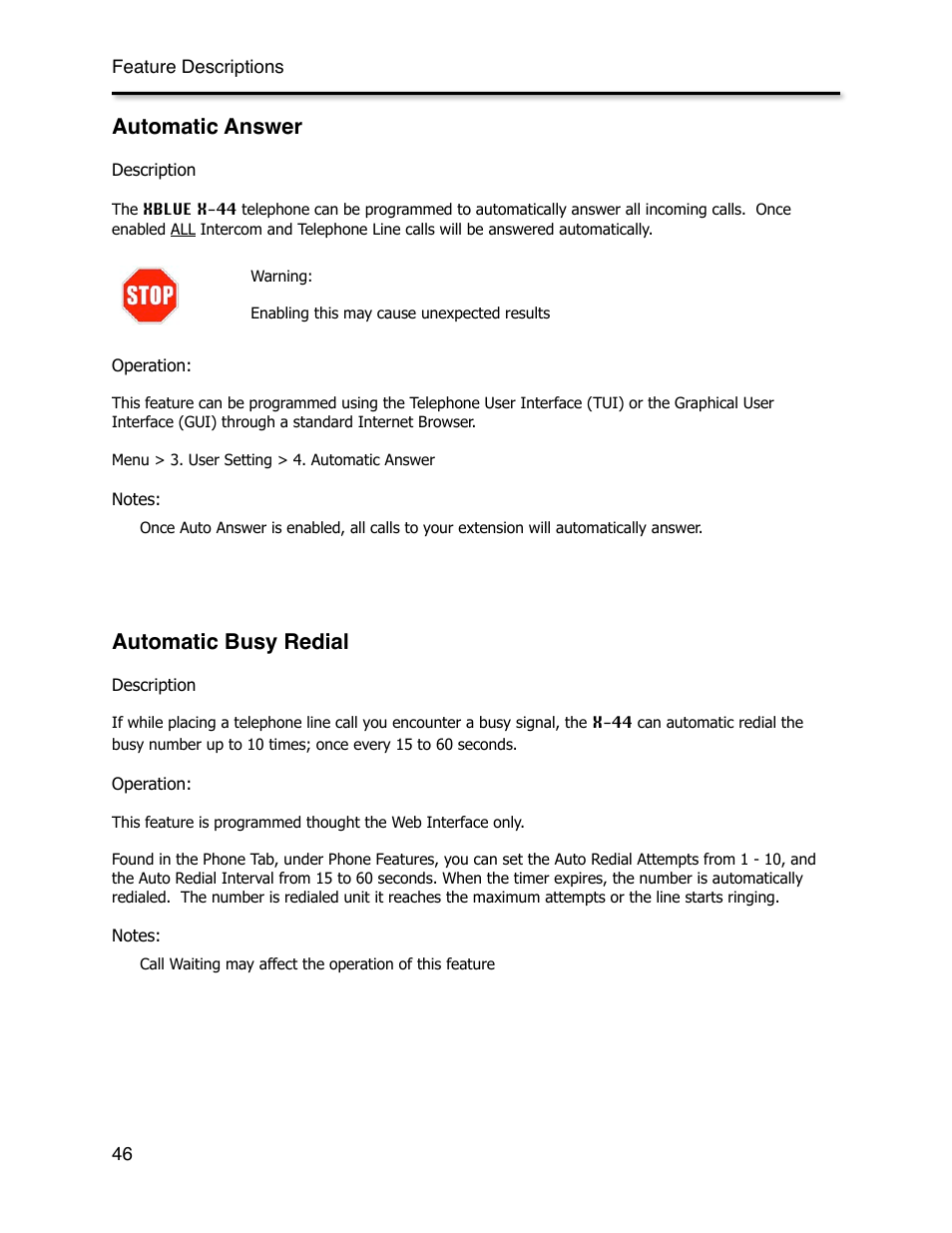 Automatic answer, Automatic busy redial | Xblue Networks X-44 User Manual | Page 46 / 98