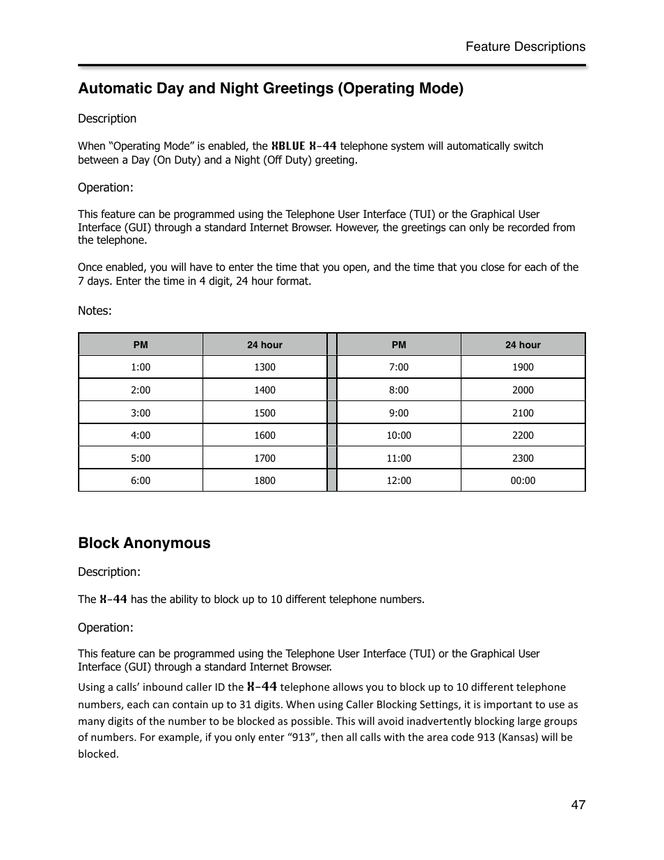 Automatic day and night greetings (operating mode), Block anonymous, Automatic day and night greeting | Xblue Networks X-44 User Manual | Page 47 / 98
