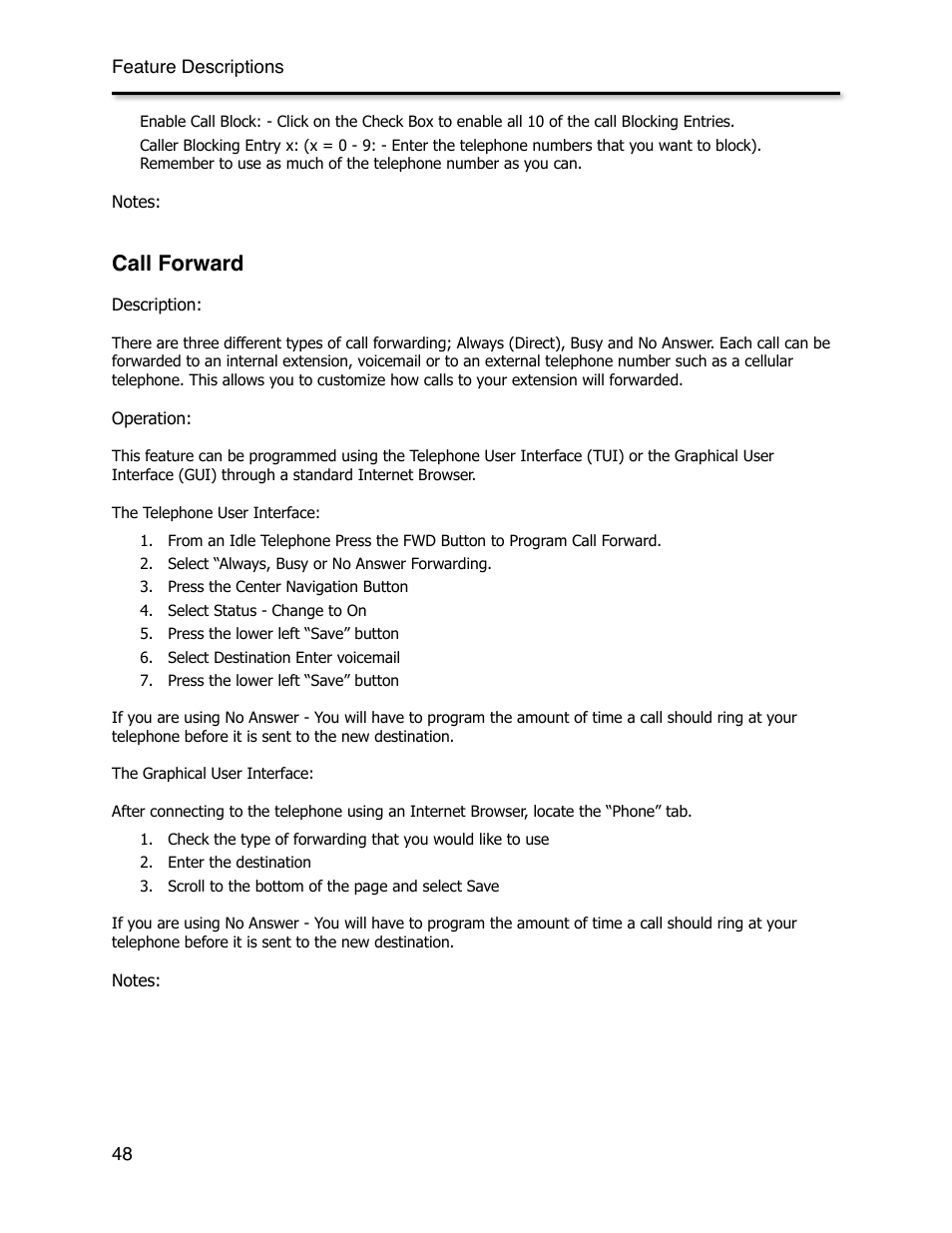 Call forward, Call forward - always, Call forward - busy | Call forward - no answer | Xblue Networks X-44 User Manual | Page 48 / 98