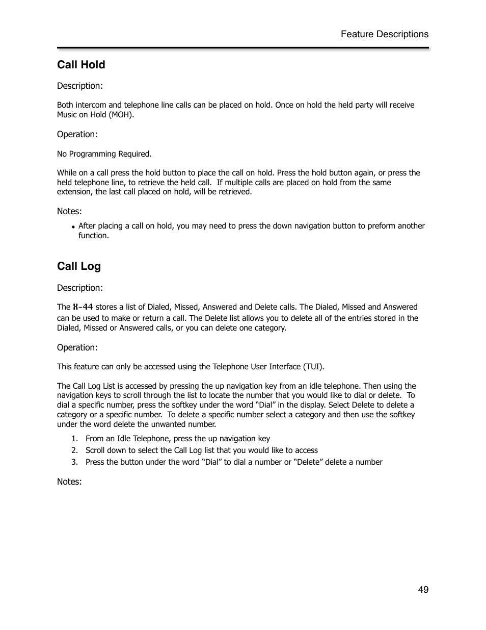 Call hold, Call log | Xblue Networks X-44 User Manual | Page 49 / 98