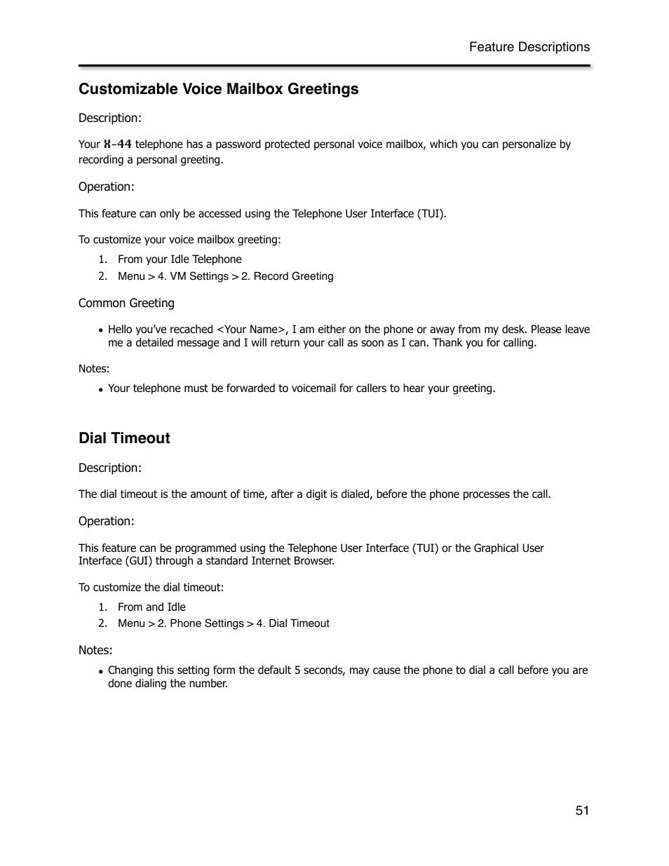 Customizable voice mailbox greetings, Dial timeout | Xblue Networks X-44 User Manual | Page 51 / 98