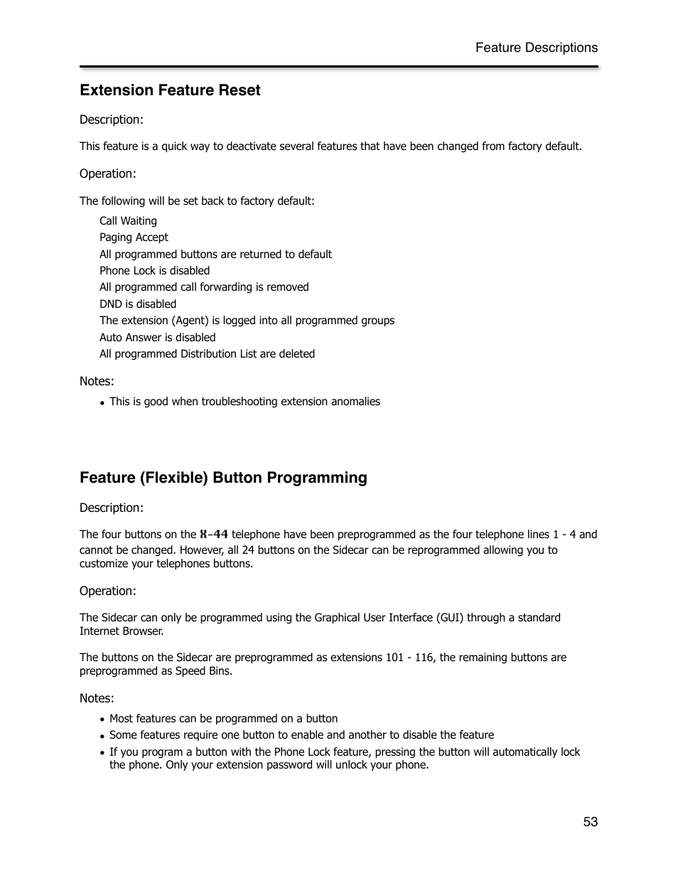 Extension feature reset, Feature (flexible) button programming | Xblue Networks X-44 User Manual | Page 53 / 98