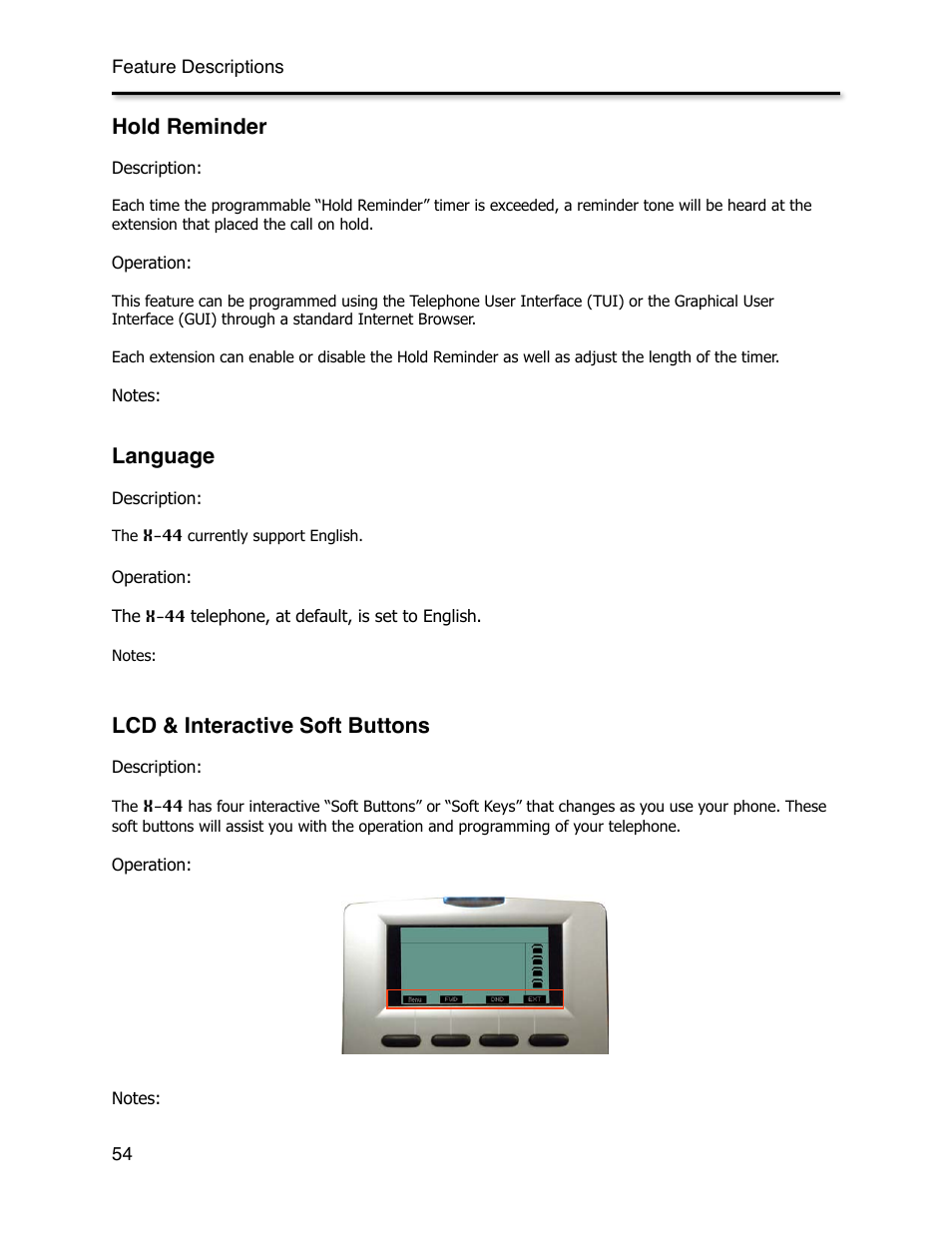 Hold reminder, Language, Lcd & interactive soft buttons | Hold reminder tone, Lcd interactive | Xblue Networks X-44 User Manual | Page 54 / 98