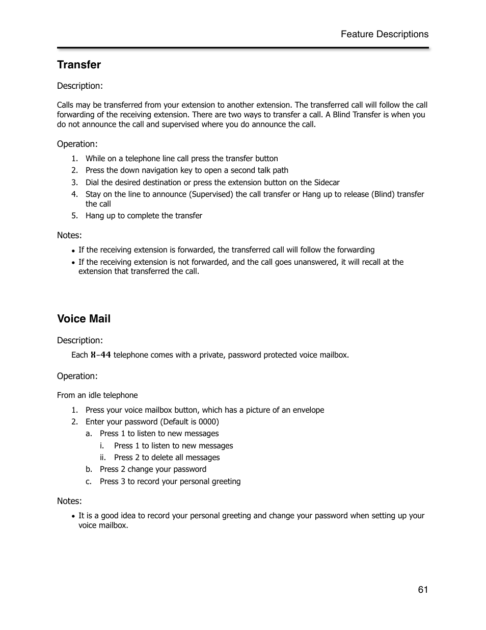 Transfer, Voice mail, Transfer recall | Voice mailbox | Xblue Networks X-44 User Manual | Page 61 / 98