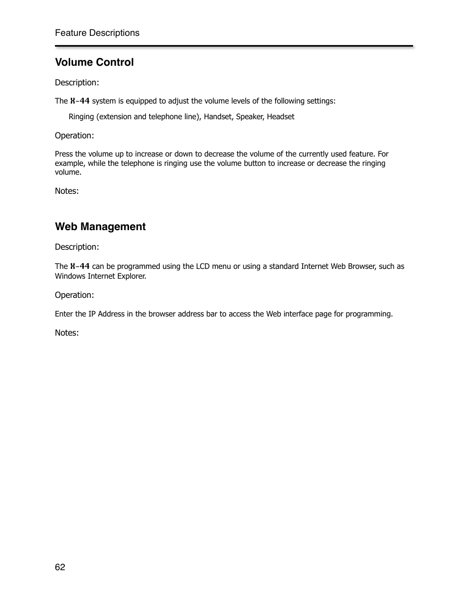 Volume control, Web management | Xblue Networks X-44 User Manual | Page 62 / 98